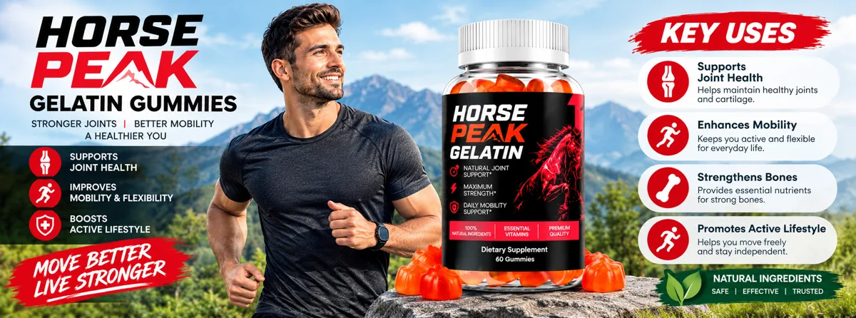 Horse Peak Gelatin Gummies bottle with an athlete stretching in the mountains, listing key uses: joint health, mobility, strong bones, and an active lifestyle